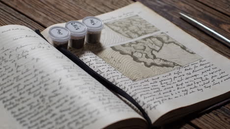 antique notebook with handwritten notes, maps, and seed samples
