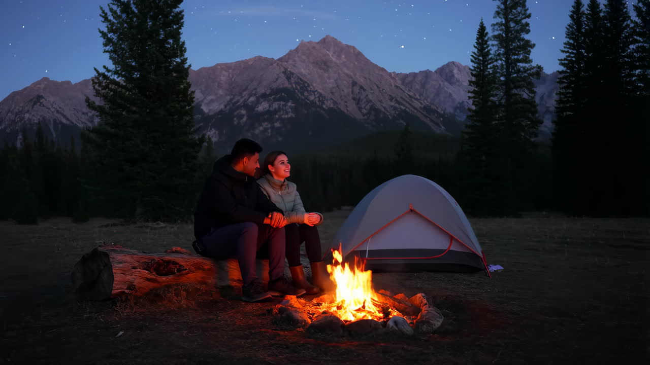 Couple camping by the campfire under the stars in the mountains