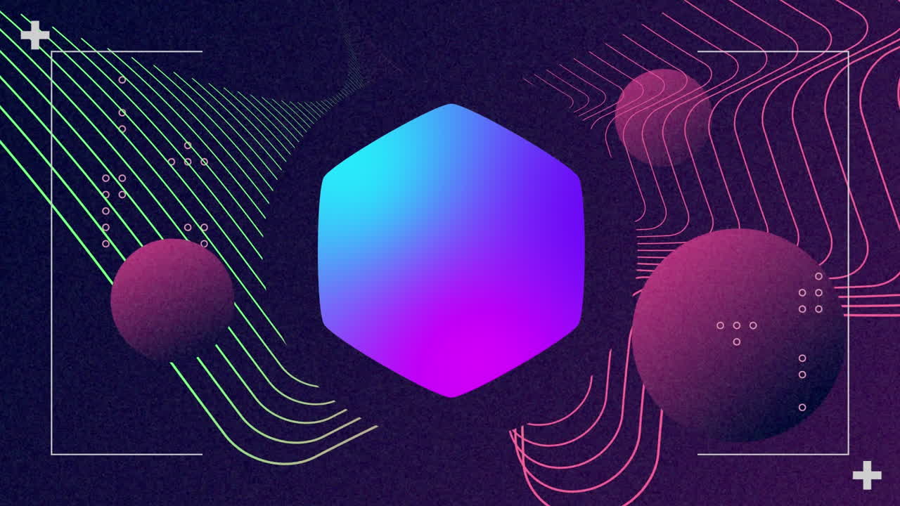 animación de hexágono azul y púrpura con líneas paralelas y esferas rojas oscuras sobre fondo negro