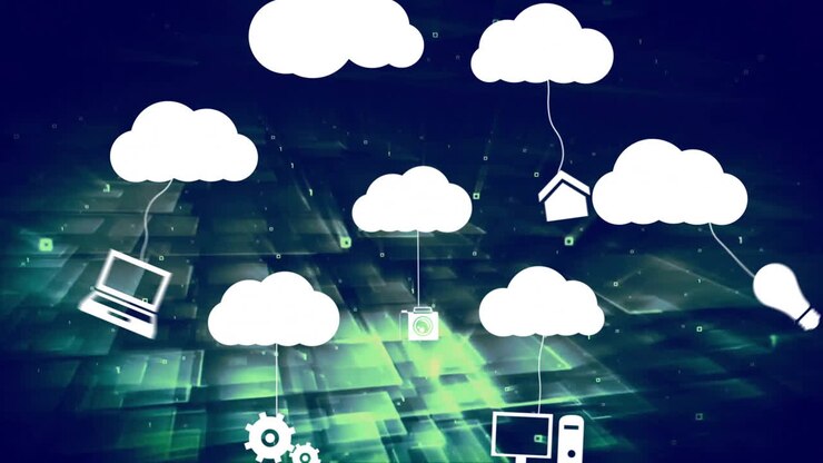 Animating cloud computing icons over digital grid background