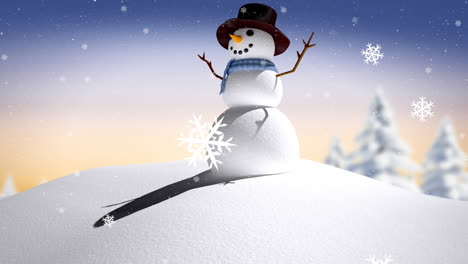 snowflakes falling over snowman on winter landscape against gradient background