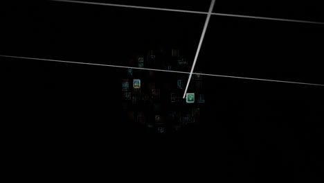 animación de formas geométricas e íconos de datos sobre un fondo negro con líneas que se cruzan