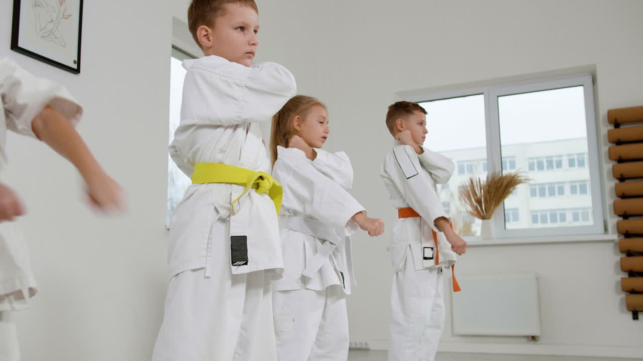 niños en kimono blanco en la clase de artes marciales