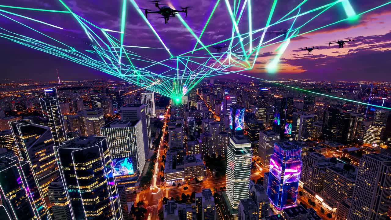 Futuristic City at Night with Drones and Lasers