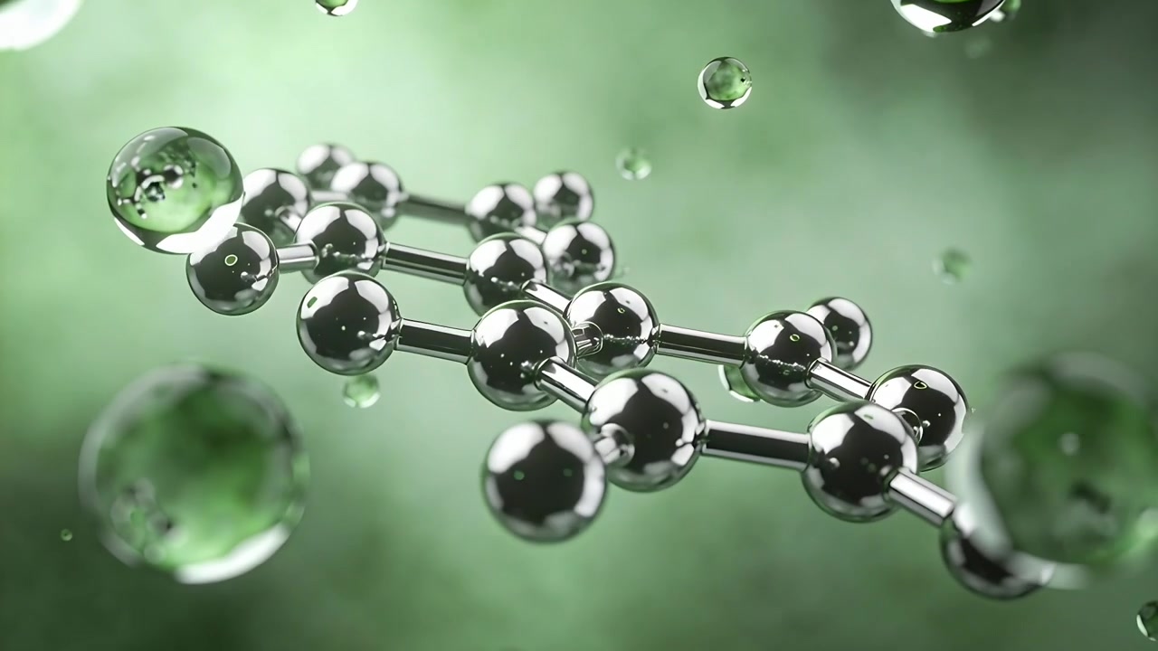 Opening showing rotating chrome molecule moving center in studio, showing highlights and droplets