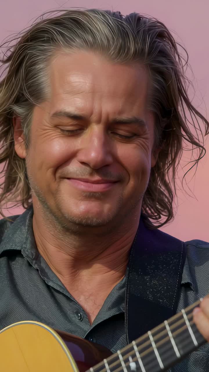 Vertical video: Strumming man closing eyes holding acoustic guitar in studio calm shirt black strap