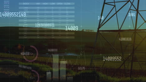 Animation-Der-Verarbeitung-Finanzieller-Daten-über-Einem-Strommast-Auf-Einem-Feld