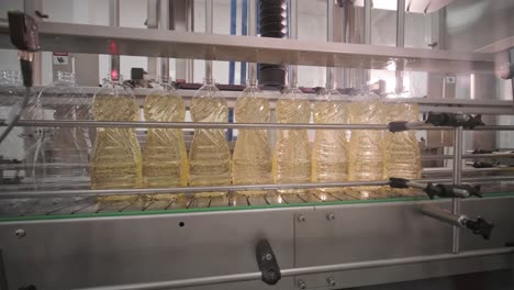 Sunflower oil in the bottle moving on production line. Bottling line of sunflower oil in bottles. Vegetable oil production plant. High technology. Industrial background