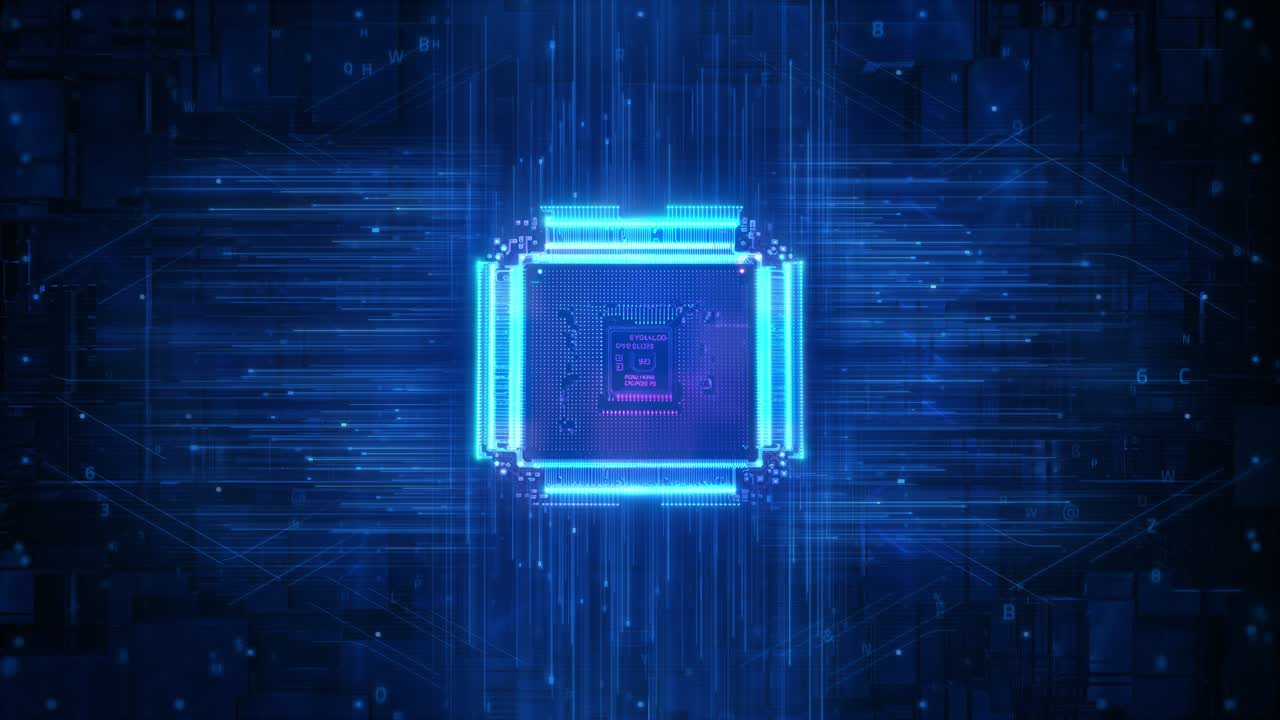 Futuristic Microchip with Blue Light and Data Lines