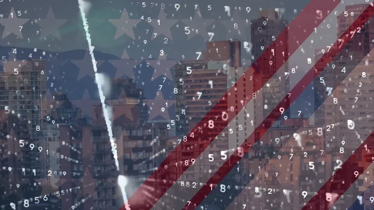 백그라운드의 높은 건물에 대한 바이너리 코딩 데이터 처리의 복합 비디오