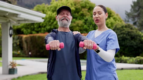 nurse, garden and dumbbells for man in retirement