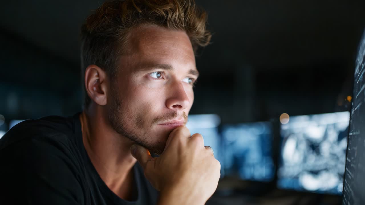 Contemplative male deep in thought working on computer in a modern workspace, surrounded by high-tech screens and dim lighting, showcasing focused concentration