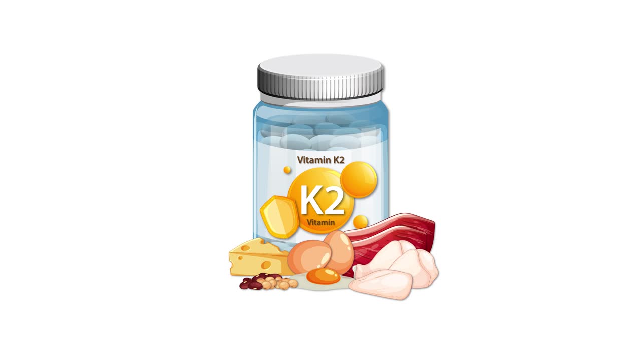 Vitamin K2 bottle with cheese, meat, and eggs appears, smoothly adding food items around supplement