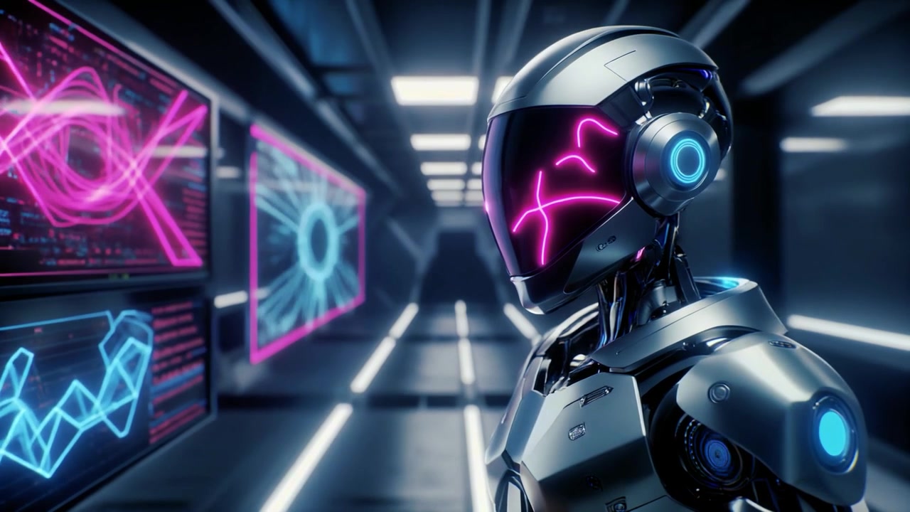 Robot androide futuristico in piedi in un corridoio ad alta tecnologia