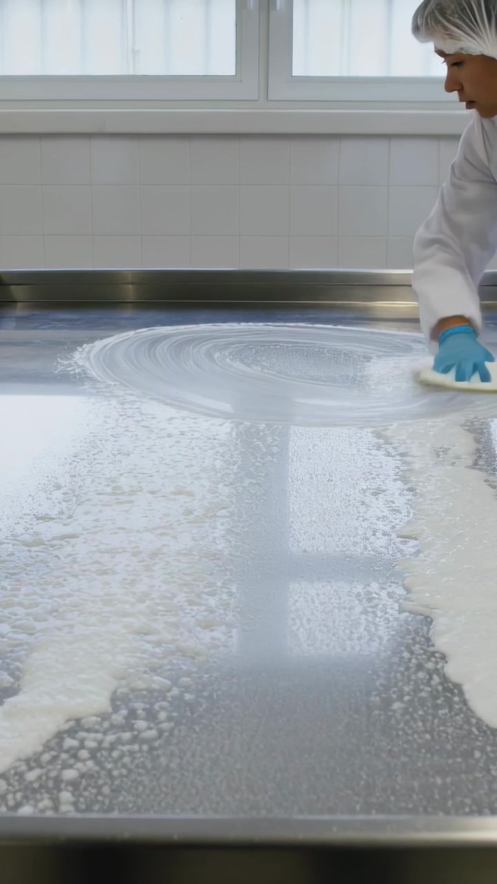 Vertical video: Nozzle spraying foam, lab worker wiping with pad for cleaning on table, copy space