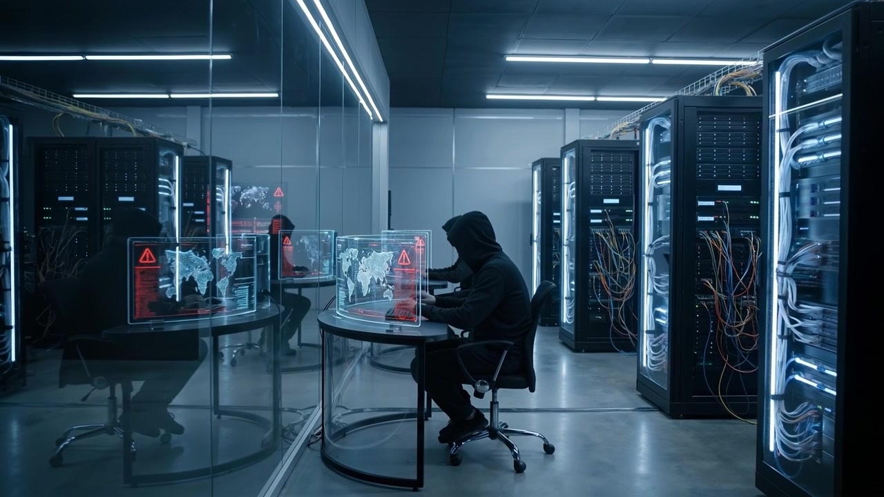 IT professional monitoring server racks in a modern glass data center facility