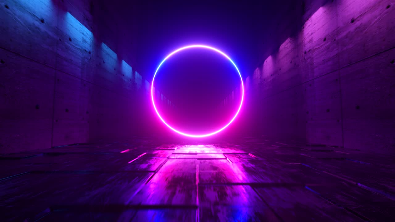 Cerchio al neon in un tunnel di cemento