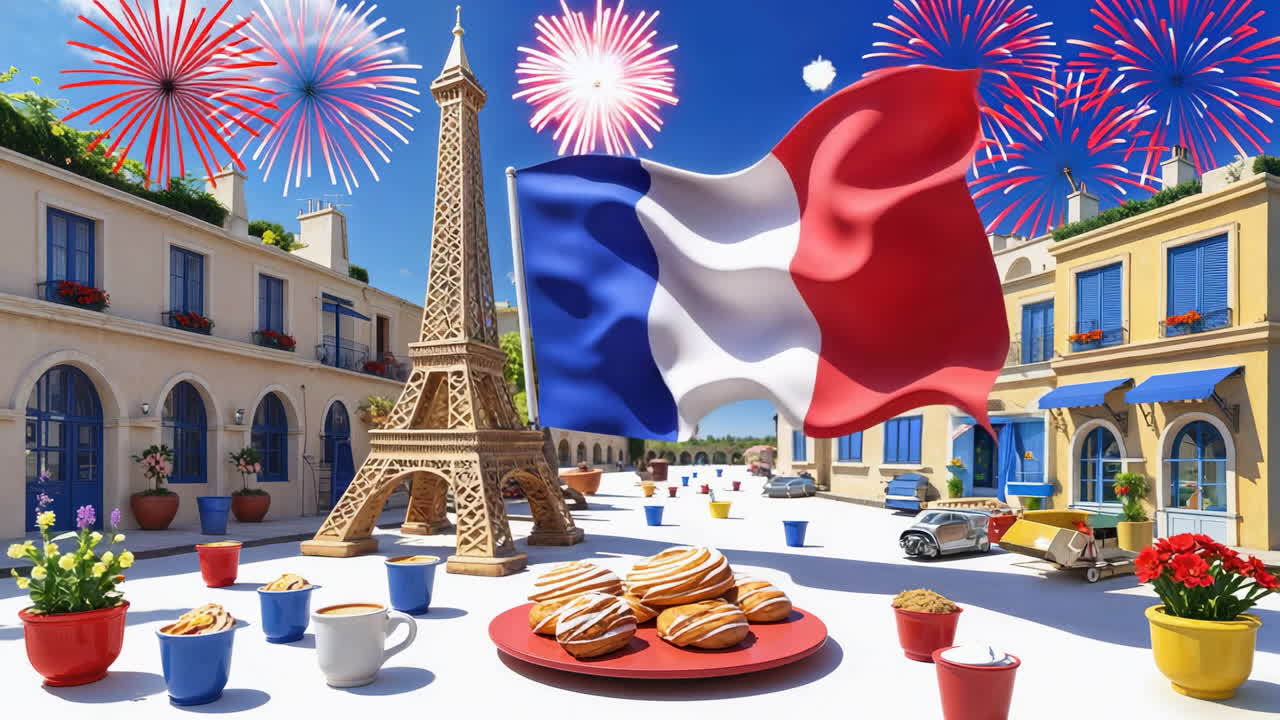 A Festive French Scene with Eiffel Tower, Flag, and Fireworks