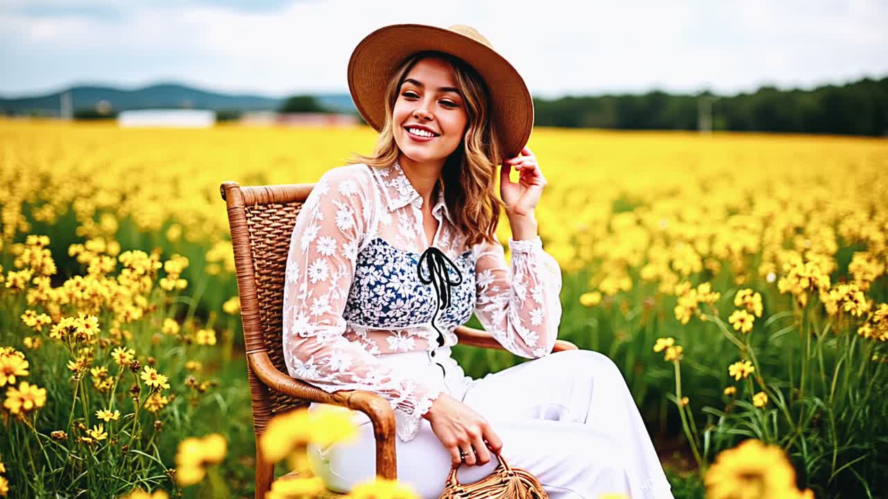 mujer en un campo de flores amarillas