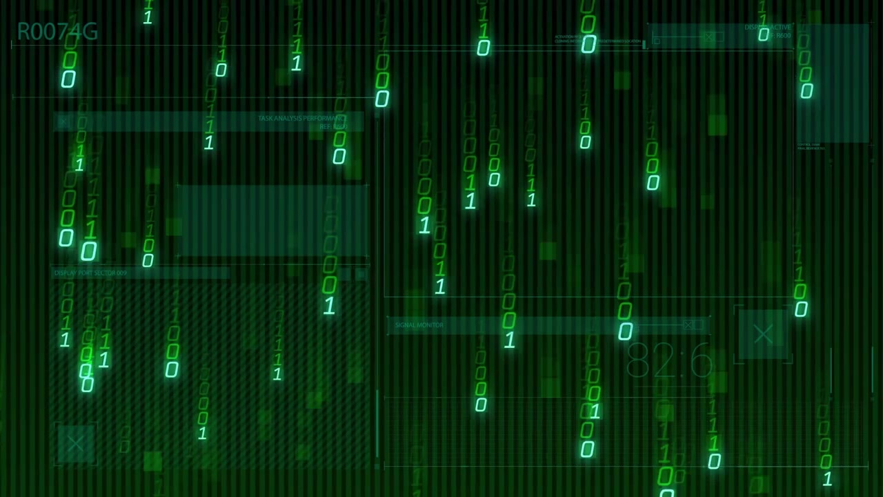 Green interface starting falling binary code streams obscuring panels and sliding numeric readouts