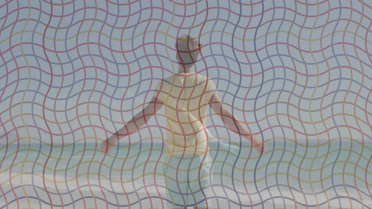 Beach scene with person and colorful animation overlaying wavy pattern
