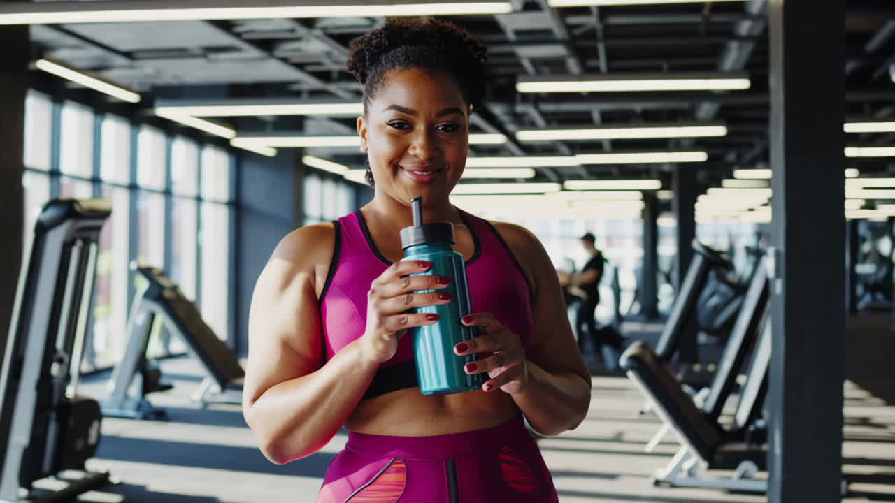Woman enjoying a drink after a workout in a gym