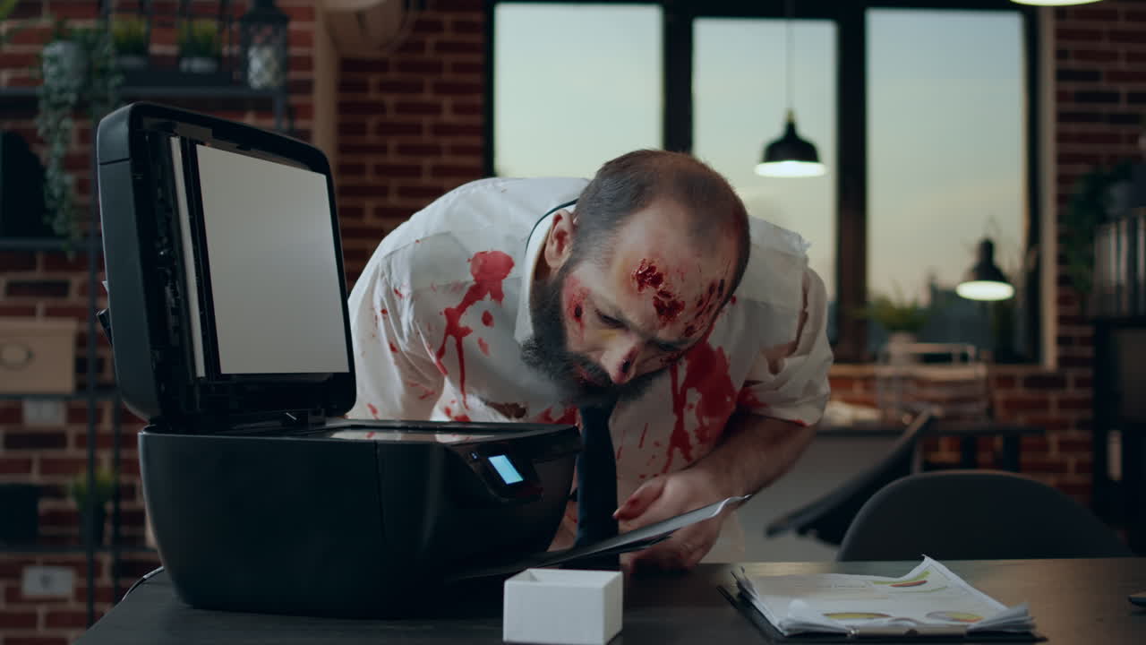 Creepy doomsday brain-eating monster damaging photocopy electronic device
