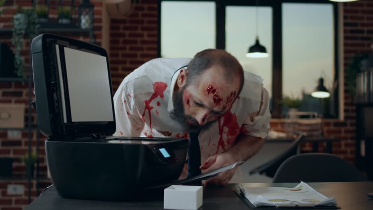Creepy doomsday brain-eating monster damaging photocopy electronic device