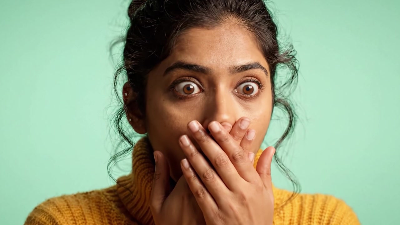 A captivating expression unfolds in a two-frame sequence, showcasing the emotional transformation of a woman with soulful eyes and a vibrant yellow sweater against a serene backdrop.