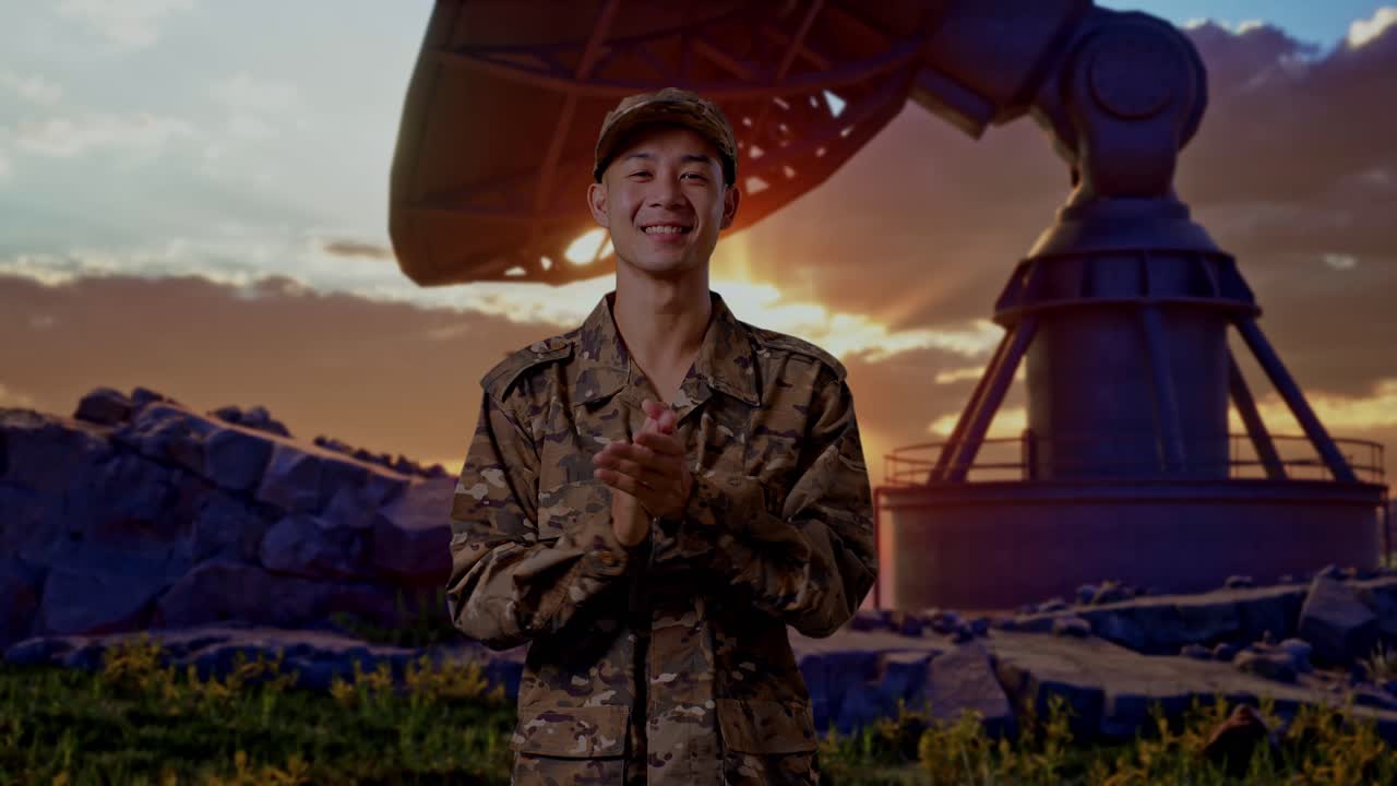 Asian Man Soldier Smiling And Clapping His Hands While Standing With Satellite Dish