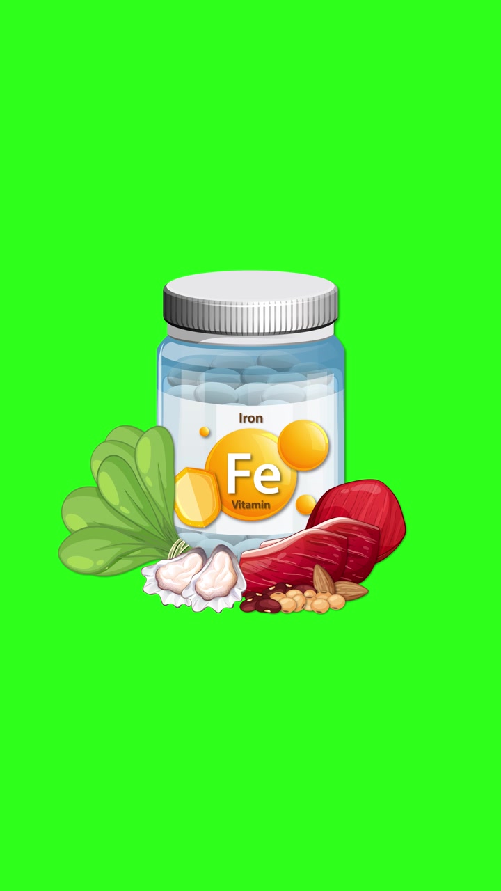 Flacone di integratore di ferro con spinaci, carne, aglio e noci appare su uno sfondo vibrante di schermo verde.
