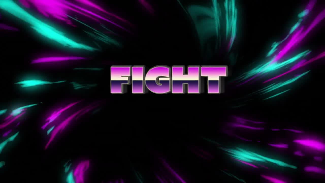 검은 바탕에 있는 빛의 흔적 위에 있는 전투 텍스트의 애니메이션