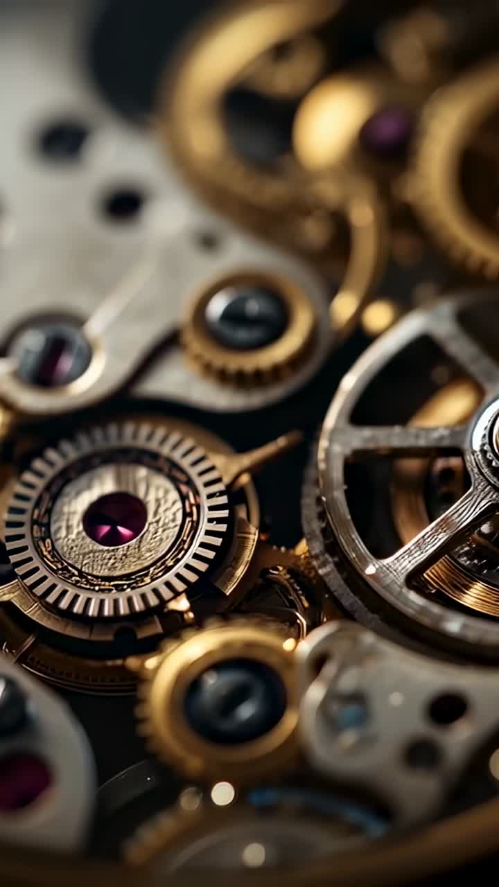 Vertical video: Racking camera revealing mechanical watch movement on bench, showing ruby detail