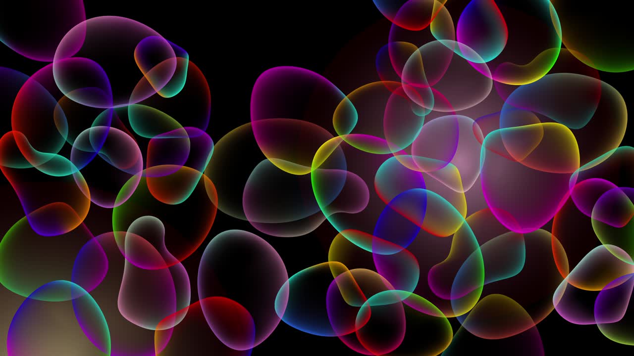 4k 영상에서 다채로운 투명한 거품과 함께 검은 바탕.