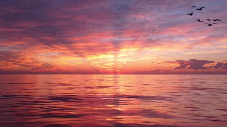 A Breathtaking Sunset Over Calm Waters with Vibrant Colors and Striking Reflections Captured in Two Frames