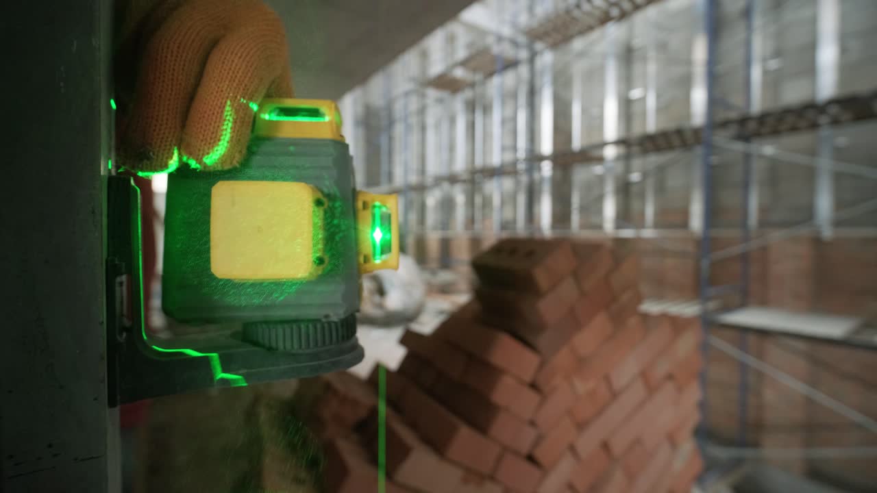 el constructor mide las líneas de reparación utilizando un nivel de láser verde