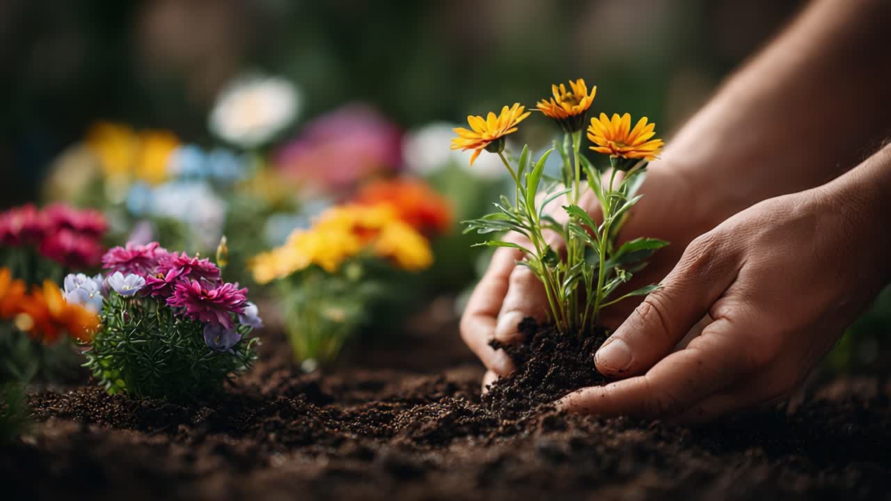 A Gardener's Touch: Planting Bright Yellow Flowers Amongst a Vibrant Array of Multicolored Blossoms in a Lush, Fertile Garden Environment