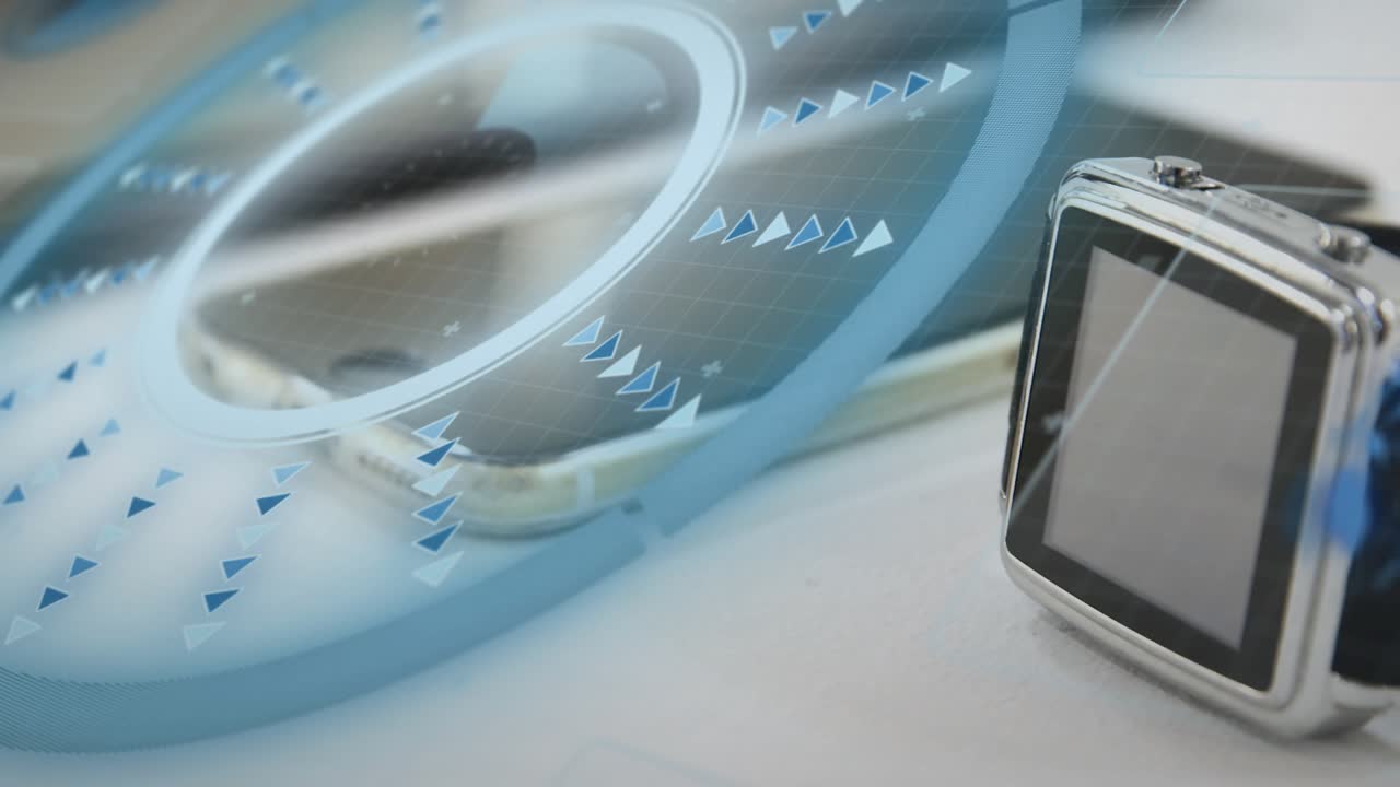 Blue HUD appearing and rotating, cam panning right, phones, watch showing ports and details for ad