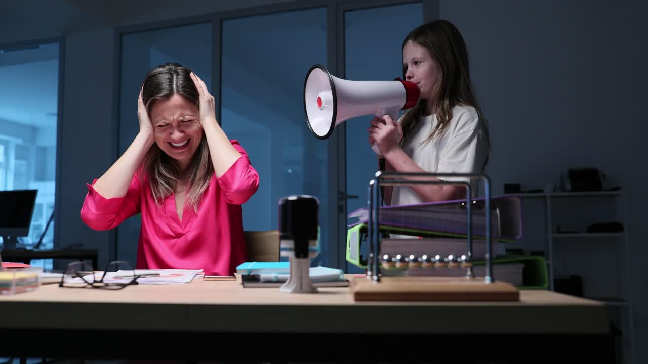 Woman stressed by child using megaphone in office