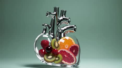 heart-shaped glass vessel filled with fruits
