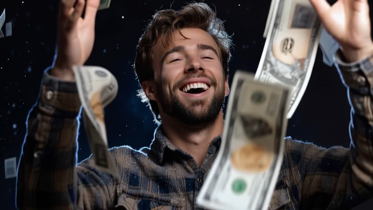 Un uomo sorride, il denaro gli piove intorno. Ride, braccia spalancate, sorpresa gioiosa. Sfondo scuro, monete brillanti, espressione allegra. Perfetto per temi di successo finanziario, fortuna o celebrazione.