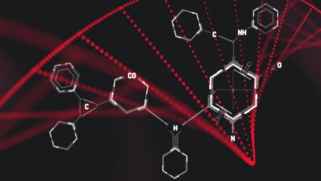 animation of chemical structures over dna strand spinning on black background