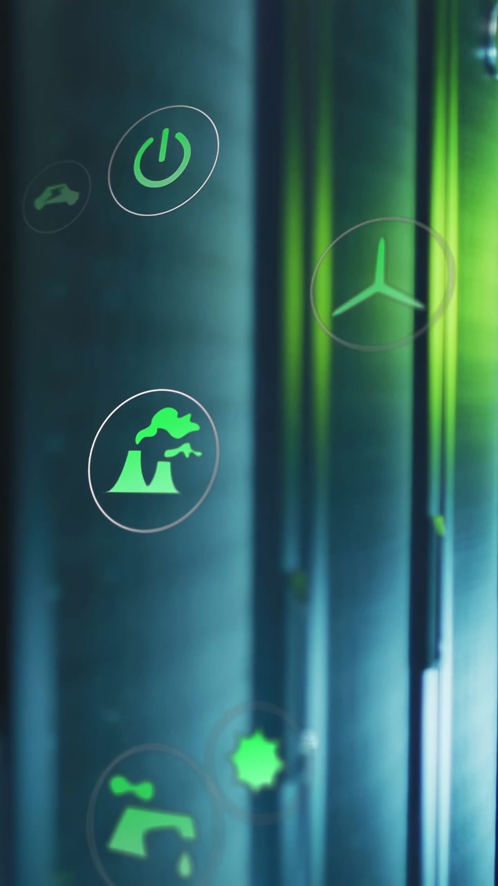 Video verticale: Nuove icone che appaiono in dissolvenza, bolle verdi che fluttuano verso l'alto su un pannello color verde acqua per mostrare dati ecologici.