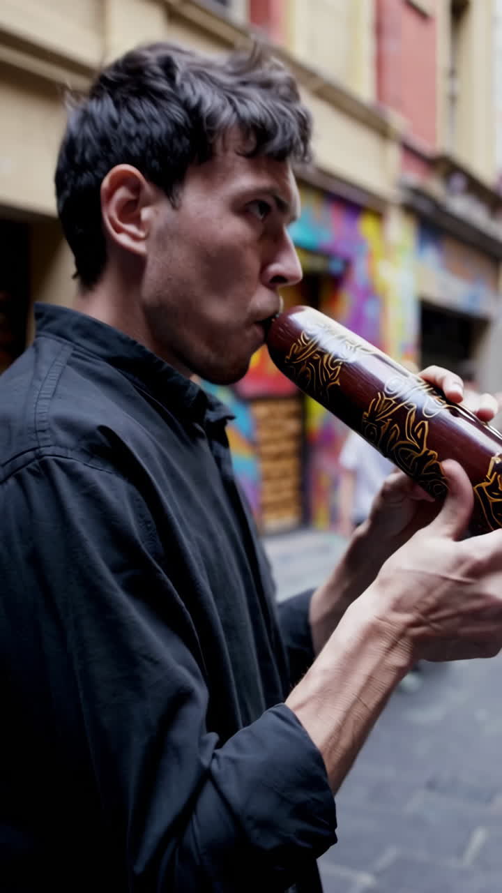 Street Musicians Performing Didgeridoos in Melbourne Alleyway with Graffiti Art