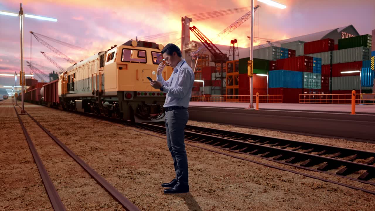 Full Body Side View Of An Asian Male Professional Worker Standing With His phone With Freight Cargo Train At Port, He Is Nodding His Head With Dissapionted