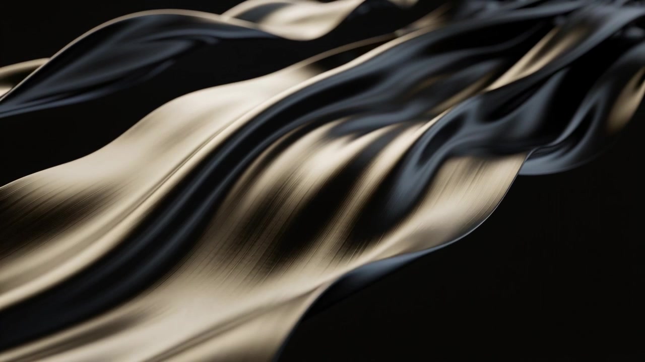 Pulling back camera showing metallic ribbons undulating in studio, warm light shifting via CGI