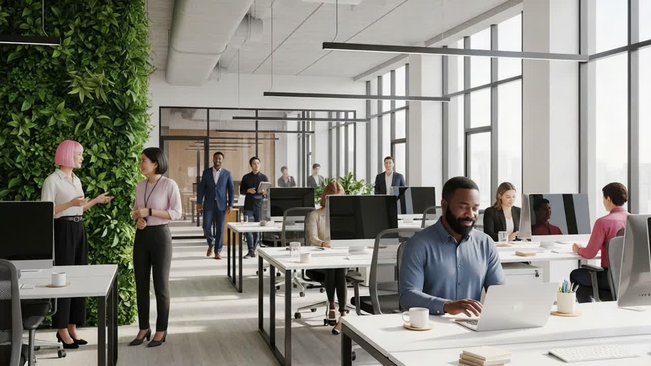 Busy open-plan office with employees working and collaborating in a modern setting