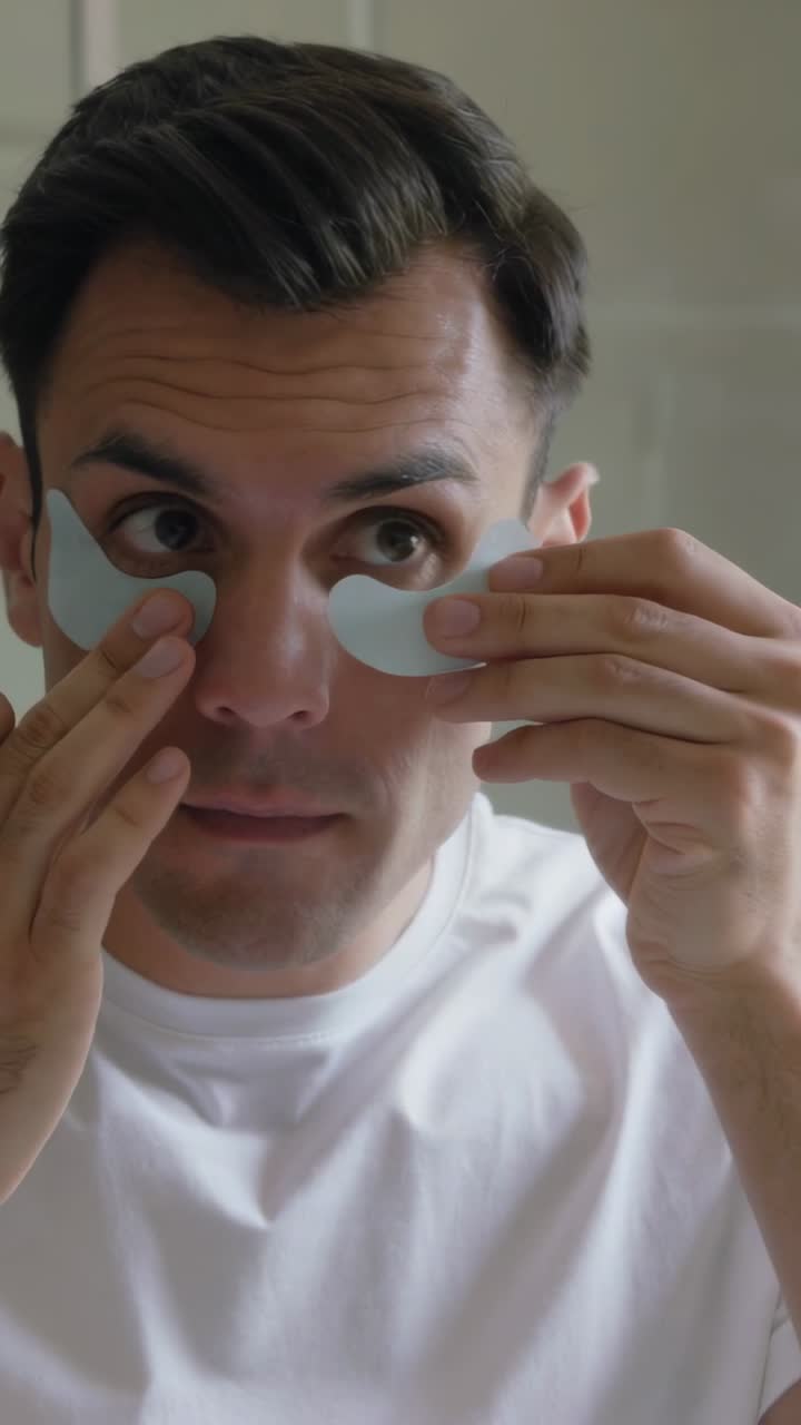 Young Man Applying Under-Eye Patches as Part of Skincare Routine