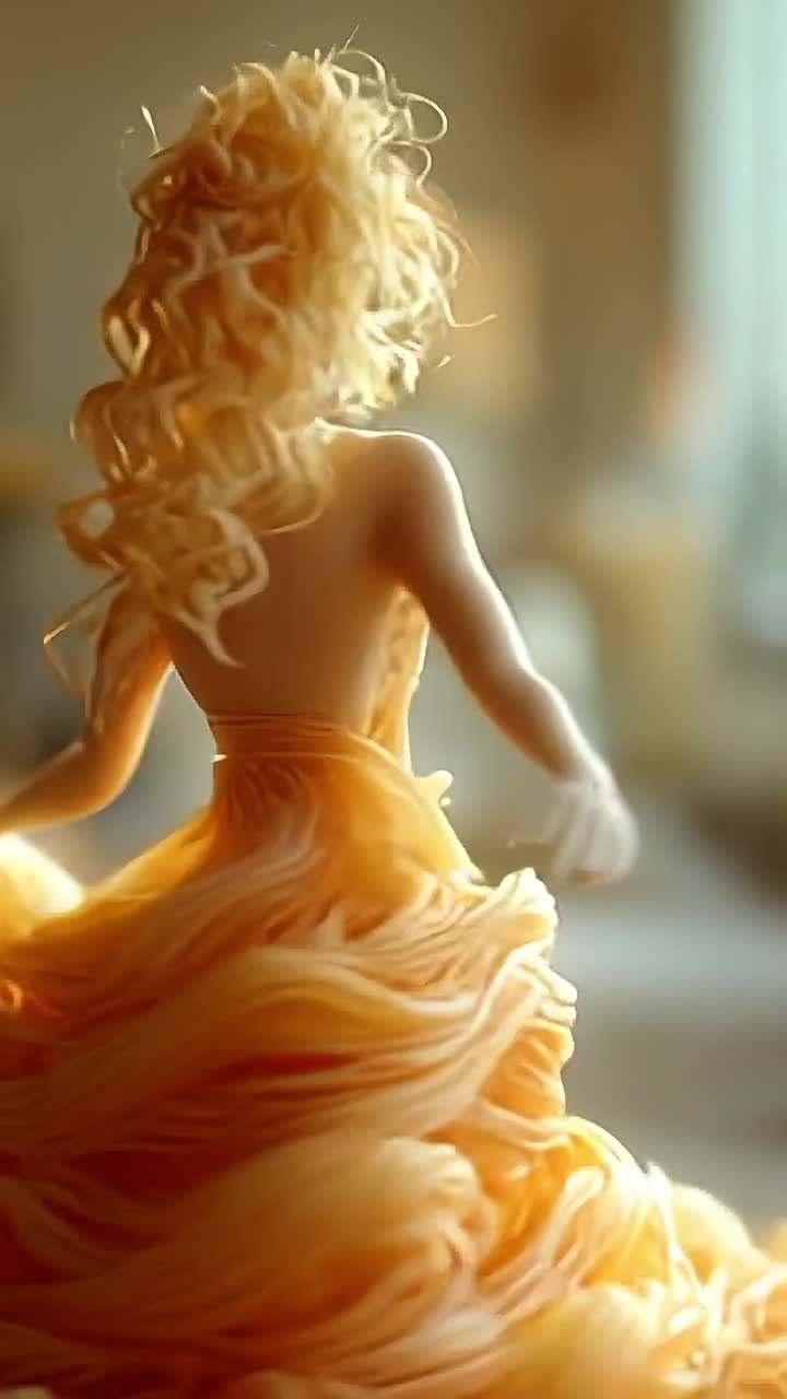 Spaghetti figures dancing on a plate. A stunning dessert features a sculpted figure surrounded by candles and champagne, creating a festive atmosphere.