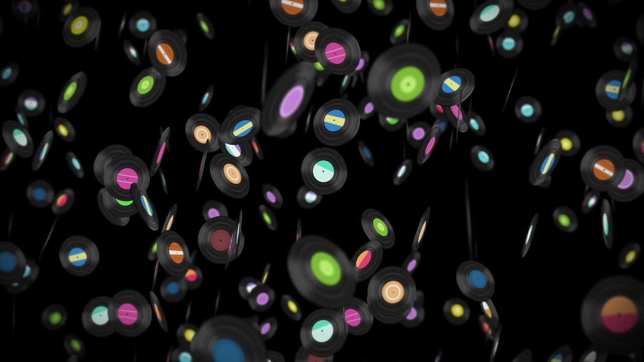 Mange flyvende vinylplader på sort baggrund. Gammel teknologi. Retrodesign. 3D-animation af en roterende musikplade. Loop-animation